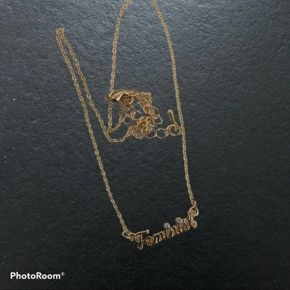 Small Gold tone w Rhinestones Feminist Necklace - Picture 3 of 8